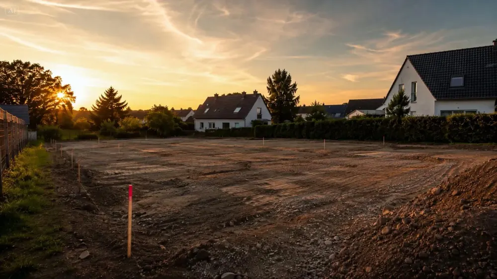 Unbebautes Baugrundstück im Abendlicht; KI-generierte Visualisierung.